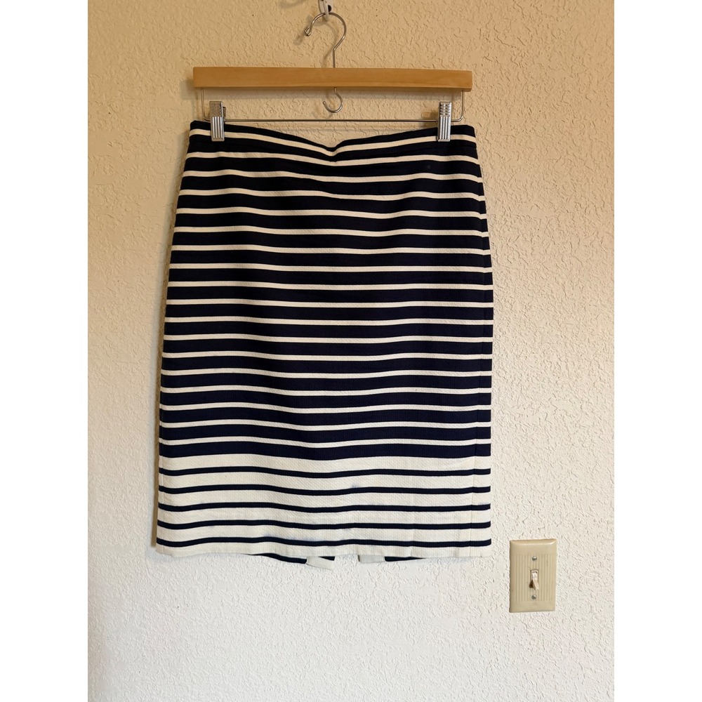 J.Crew Navy Blue‎ White Striped Cotton Pique Pencil Skirt Size 6 Work Business